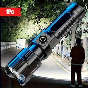 TEMU 초고휘도 LED 손전등 1개, IP44 등급, 텔레스코픽 줌 기능, USB 충전식, 디지털 배터리 잔량 표시 기능 탑재, 캠핑, 하이킹, 낚시, 수리 및 비상 조명용으로 적합한 휴대용 조명
