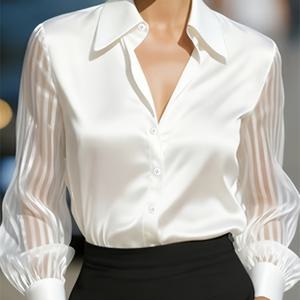 TEMU 여성용 우아한 방향성 화이트 새틴 셔츠, 시스루 퍼프 소매, 프렌치 엘레강스 출퇴근복 상의