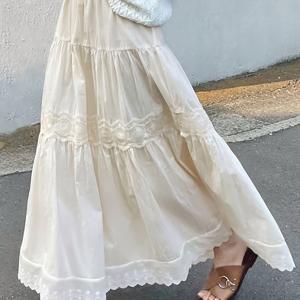 TEMU 여성용 롱 컬러 블록 레이스 플레어 스커트, 캐주얼 데일리 미디 스커트, 탄성 허리 스플라이스 레이스 헴 러플 미디 스커트