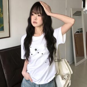 여성용 슬림핏 반팔 펜타그램 프린트 티셔츠 탑, 일본/한국 Y2K 스타일