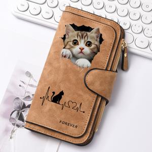 여성을 위한 2D 귀여운 고양이 하트 모양 지갑, 레트로 대용량 롱 지갑, 멀티 카드 슬롯 지퍼 클러치 파우치, 패션 카드 홀더 머니클립