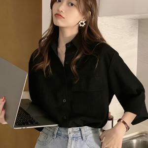 TEMU 여성용 빈티지 7/8 소매 셔츠, 새로운 여름 한국 스타일 주름 장식 탑, 루즈핏 릴랙스 스타일 블라우스