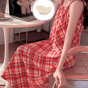 TEMU 내장 브래드 패드 - 여름용 얇은 여성용 잠옷 패션 격자 무늬 여름 홈 드레스 여름 성인 잠옷 여성용 홈웨어 보우 타이 스트랩 잠옷 홈 로브