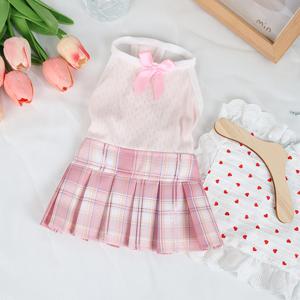TEMU JK 프레쉬하고 스위트한 아카데믹 스타일 격자무늬 주름 펫 스커트, 리본과 스트랩이 있는 블루 핑크 격자무늬, 1개, 소형견부터 중형견, 고양이, , 비숑에 적합, 봄 여름 외출, 사진 촬영, 놀이 시간용