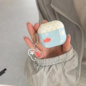 블루 배경 버블 금붕어 및 펜던트 이어폰 케이스, 에어팟 4세대에 적합, 귀여운 이어폰 커버 (애플 2세대, 에어팟 3세대용), 새로운 스타일 보호 케이스, 펜던트 에어팟프로 3, 한국 스타일 이어폰 케이스 Pro 2 여성용