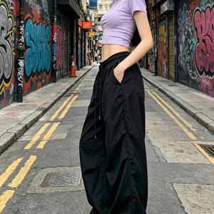 여름 아이스 퀵 드라이 플리츠 카고 팬츠 여성용 하이웨이스트 드레이피 와이드 레그 릴렉스 캐주얼 플로어 레인지 트라우저