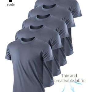 남성용 가벼운 크루넥 티셔츠 5pcs - 그레이, 네이비, 형광 그린 - 빠른 건조, 통기성, 수분 흡수 기능, 피트니스, 헬스, 러닝용, 가볍고 편안한 운동용 퀵드라이 반팔 티셔츠