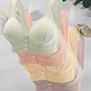 TEMU 4개 세트 전면 버클 무선 브라, 부드럽고 통기성 좋은 조절 가능한 어깨끈이 있는 여성용 이음매 없는 컵 커버, 연두색 + 새우 빨강 + 살구색 + 회색 보라색