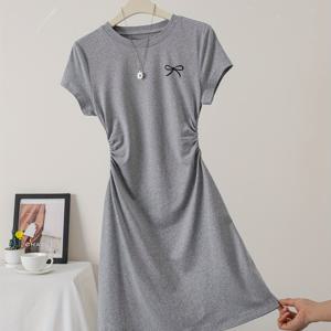TEMU 여성 캐주얼 패션 슬림핏 작은 리본 프린트 디테일 단색 플리츠 풀오버 여성 라운드넥 반팔 원피스