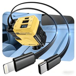 66W 초고속 차량용 충전기, 내장형 수납식 Type-C + 라이트닝 케이블 포함, 듀얼 (USB-C, USB-A). 케이블 길이: 80cm/31.5인치. 네 포트 모두 동시 고속 충전 지원. iPhone 17/16/15 Pro Max, Huawei, 등 다양한 전자기기와 모든 차종에 널리 호환