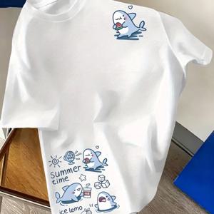 TEMU 일본 만화 여름 작은 상어 프린트 반팔 티셔츠, 패션 티셔츠, 니치 다용도 스타일리시, 편안한 원단, 남성 여름 라운드넥 반팔 상의, 남성 데일리 웨어 필수템