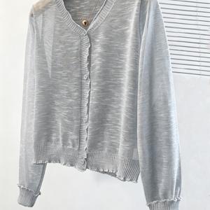 TEMU 봄 여름 신상 단색 우드 이어 트림 V넥 긴팔 얇은 자외선 차단 가디건