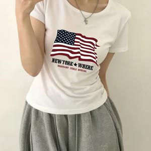 TEMU 국기 프린트 패턴 반팔 티셔츠, 남녀공용 캐주얼 슬림핏 상의
