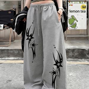 TEMU 여성용 스타 패턴 프린트 하이웨이스트 와이드 레그 루즈핏 스웨트팬츠, 스트리트 스타일 캐주얼 데일리웨어, 생일 선물, 밸런타인데이 선물, 할로윈 의류, 크리스마스 의류, 휴일 의류, 단품 레그 팬츠