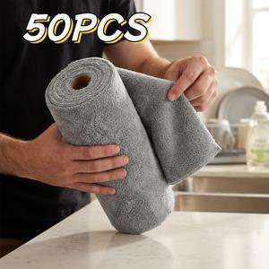 1롤/50매 두꺼운 극세사 청소용 천, 흡수력 뛰어난 보풀 방지 헝겊, 재사용 가능한 일회용 타월 (가정, 주방, 자동차용), 롤형 찢어짐 방지 청소 티슈