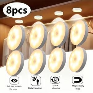 8개 세트 LED 모션 센서 스마트 야간 조명 USB 충전식, 모션 센서, 밝기 조절 가능, 자석 설치, 단색, 광택 마감, 플라스틱, 리튬 배터리 포함, 계단, 침실, 주방, 옷장, RV, 캠핑에 적합