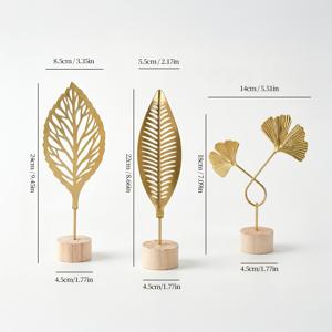 TEMU 3개 세트, 황금색 연철 나뭇잎 모양 장식품, 나무 받침대 포함 3개 세트, 금속 장식 공예품, 장식 스타일, 거실, 현관, 책장, 침실 장식용으로 적합