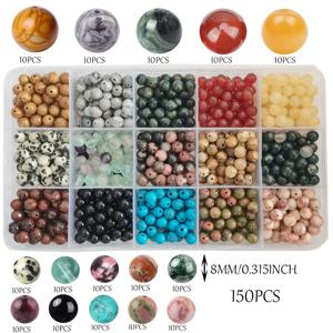TEMU 8mm 약 150개 비즈 세트 (터키석, 형석, 반점석, 흑요석, 석류석 등 다양한 보석 포함), DIY 팔찌, 목걸이, 귀걸이 제작에 완벽한 액세서리. 박스 디자인으로 보관이 편리함