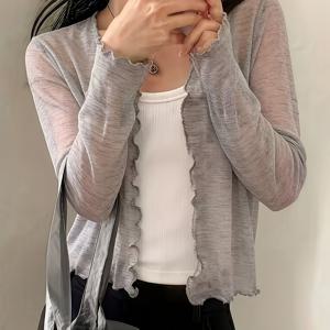 TEMU 얇은 긴팔 가디건, 봄 여름 짧은 길이 에어컨 셔츠 자외선 차단 가디건, 우드 이어 트림 프레쉬 패션 숄 아우터 여성