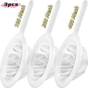 TEMU 플라스틱 손잡이가 달린 초미세 나일론 메시 스트레이너 3개 세트 - 콩우유, 커피, 요거트, 주스, 케피르 필터링을 위한 100, 200, 400 메시 사이즈 제공 - 튼튼한 주방 체 필터, 야외 사용 및 비전기용으로 적합