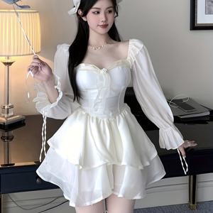 TEMU Mm 프렌치 퓨어 퍼프 슬리브 스퀘어 카라 여성 원피스, 여름 대사이즈 젠틀 스타일 허리 슬림 퍼피 스커트