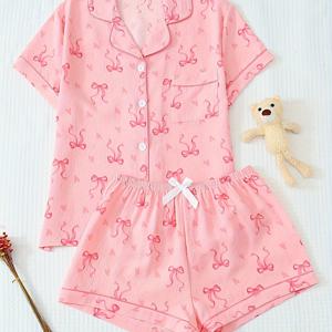 TEMU Spring/Summer Casual Women's 2pcs Loungewear Set with Heart Bow Print, Summer Pajama Set Featuring a Short-Sleeve Button-Up Cardigan Lapel Shirt and Bow Shorts