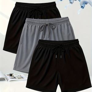 TEMU OBM 3pcs 세트 스포츠 캐주얼 피트니스 단색 반바지 폴리에스터 섬유 통기성 땀 흡수 편안한 착용감 부드러운 디자인 지지 효율적인 트레이닝