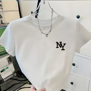 여성용 반팔 티셔츠, 가슴에 NY 레터링 프린트, 캐주얼 패션 데일리 드레스, 올 시즌 레이어링 필수템, 여성용 라운드넥 반팔 티