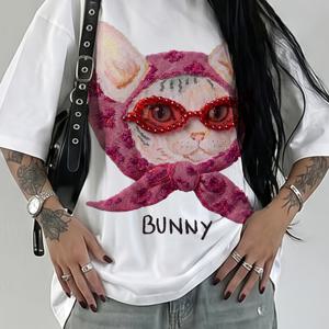 TEMU 아메리칸 핫 스타일 BUNNY 레터링 고양이 프린트 티셔츠, 로즈 레드 머플러 고양이 디자인, 여성용 봄/여름 의류, 창의적인 머플러 고양이 패턴, 루즈핏 라운드넥 패셔너블한 여성용 워싱 반팔, 여성 의류, 스트리트 Y2K 스타일, 여름 의상, 여름 상의, 프린팅 티셔츠 패셔너블한 여름 옷