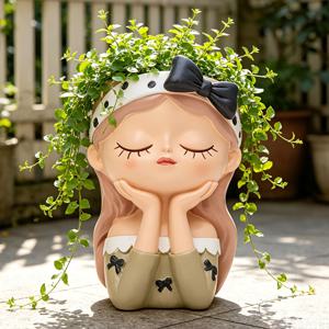배수구가 있는 귀여운 소녀 얼굴 수지 화분 - 인간 모양 다육이 테라리움 화분, 실내/실외용, 발코니 및 책상 정원용, 식물 애호가를 위한 선물, 책상, 발코니, 정원 조경용 수지 식물 받침대