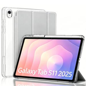 TEMU 갤럭시 탭 S11 케이스 2025 11인치 S펜 홀더 포함, 삼성 탭 S11 5G (SM-/SM-X736B)용 슬림하고 가벼운 삼단 접이식 케이스, 하드 PC 반투명 후면 쉘, 자동 깨우기/잠자기 기능