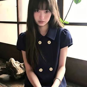 2026년 봄/여름 신상 한국 스타일 아카데믹 인형 칼라 여성용 반팔 셔츠, 여름용 양ธรณฐ 라펠 숄더핏 크롭 블라우스, 핏 탑