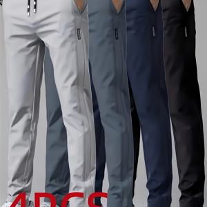 4pcs 남성 여름 긴 바지 세트 - 통기성 좋은 흡습 트라우저, 탄성 허리 및 포켓, 캐주얼 스포츠 아웃도어 바지 (블랙/다크 그레이/라이트 그레이/네이비), 내구성 좋은 퍼포먼스 원단