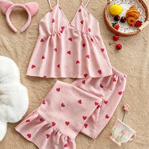 TEMU Striped Heart Pajama Set, Sweet Spaghetti Strap Camisole with Leaf-Print Long Pants, 2pcs Set