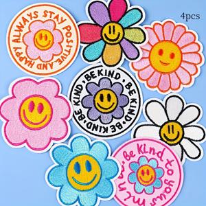 TEMU 재킷, 청바지, 셔츠용 DIY 해바라기와 얼굴 자수 패치 4개 세트, 트럭커 모자 장식