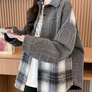 루즈핏 자카드 레이지 스타일 스플라이스 체크 셔츠, 루즈한 디자인 센스 스웨트셔츠 재킷, 니치 캐주얼