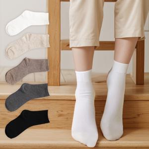 TEMU 5켤레 세트 여성 중목 양말, 흰색 검정색 무지 컬러, 봄 여름용 학생 교복용 사계절 양말