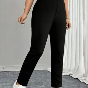 Plus Size, Plus-size Solid Bla Straight-leg Pants, Fashionable High-waist Stretch Fabric Trousers, Women's Casual Swear - for Spring, Autumn, Winter, and Holiday Occasions