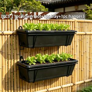 3개 세트 (화분 1개, 트레이 1개, 받침대 1개) 대형 직사각형 화분 및 지지대 세트, 식물 재배 도구, 난간 화분, 실내외 발코니, 테라스, 울타리, 창틀/거치형 화분에 적합