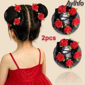 AYLHFO 2개 세트 신상 어린이용 카네이션 패브릭 플라워 헤어 네트, 여아용 편리한 드로스트링 버드 번 헤어 타이, 어린이 댄스 공연 헤어 액세서리, 일상 및 무대 공연용으로 적합