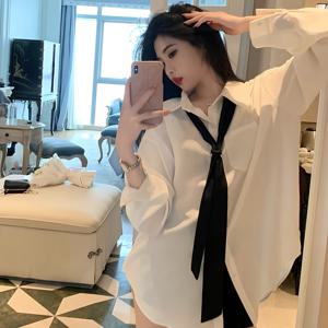 2024 봄/가을 신상 여성용 칼리지 스타일 루즈핏 화이트 넥타이 블ouses, 하이엔드 시크 미디엄 기장 셔츠 탑