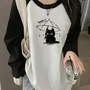 TEMU 봄/가을 패션 만화 고양이 프린트 대비 오프숄더 여성용 긴팔 티셔츠 트렌디 루즈 캐주얼 다용도 스타일 여성 탑, 봄과 가을에 완벽한 선택