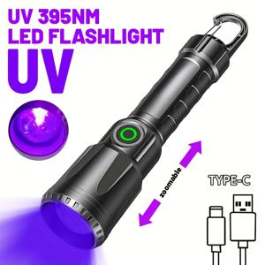 TEMU PC UV 395nm 애완동물 소변 청소 핸드헬드 플래시라이트, USB 충전식 줌 가능 , 3가지 조명 모드, 합성 보석 및 인조 옥 검사용 램프, 호텔 검사, 전갈 및 벌레 포획용