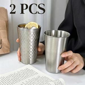 TEMU 스테인리스 스틸 텀블러 2개 세트, 해머드 & 브러시드 메탈 컵, 재사용 가능하고 깨지지 않는 음료 유리, 아이스 커피, 맥주, 루스터테일, 차가운/뜨거운 음료용 304 스틸 물컵, 가정, 바, 캠핑, 사무실, 주방용 드링크웨어
