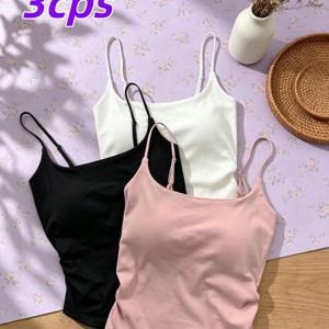 TEMU 3개 프렌치 사이드 플리츠 탄성 캐미솔 조절 가능한 스트랩 속옷 내장 브라 패드 탄성 원단 슬림핏 편안함, 레이어링 또는 홀로 착용에 적합 블랙, 화이트, 핑크
