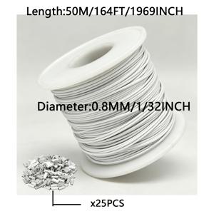 TEMU 304 스테인리스 스틸 화이트 나일론 코팅 와이어 로프, 길이 50M, 직경 1/32INCH, 슬리브 25개 포함, 사진 벽걸이 제작, 안뜰 장식용 장식품 걸이, 수공예 제작 등에 자주 사용되는 다용도 제품