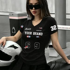 TEMU 미국 스타일 배지 멀티 라벨 프린트 V넥 티셔츠 여성 여름 캐주얼 반팔 상의 탄성 피부 친화적 편안한 캐주얼 핫 웨이스트 시칭 버전 라이딩 / 스트리트 트렌디 / 서브컬처 스트리트 스타일