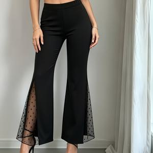 TEMU 9130 신상 단색 물방울 무늬 메쉬 스플라이스 플레어 팬츠. 하이웨이스트 플레어 디자인, 팬츠 옆면에 물방울 무늬 메쉬 스플라이스, 탄성 허리 밴드. 신축성 있고 편안한 원단. , 출퇴근, 데이트, 파티