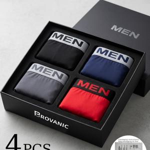 [BROVANIC] 남성용 단색 속옷 4종 세트, 캐주얼, 통기성, 편안함, 약간의 스트레치, 단색, 스포츠 반바지, 통기성 좋은 편안한 신축성 속옷, 캐주얼 및 스포츠웨어에 적합