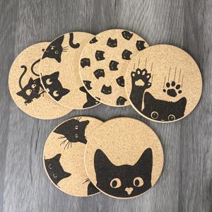 6팩 WhimsyCat 인장 코크 코스터, 컵 및 유리용 손세척 가능한 테이블 매트, 재미있는 고양이 실루엣 디자인, 크리스마스, 추수감사절, 세인트 패트릭의 날, , 라마단 선물에 이상적